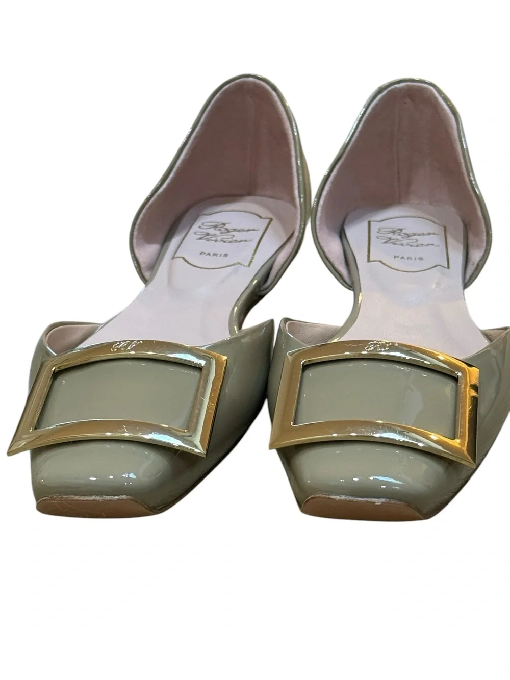 Roger Vivier Nude Patent D'Orsay Flats with Gold Buckle 37